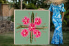Woman in a Hawaiian mumu holding a large 4ftx4ft print called Pink Limu art inspired by the Hawaiian quilt