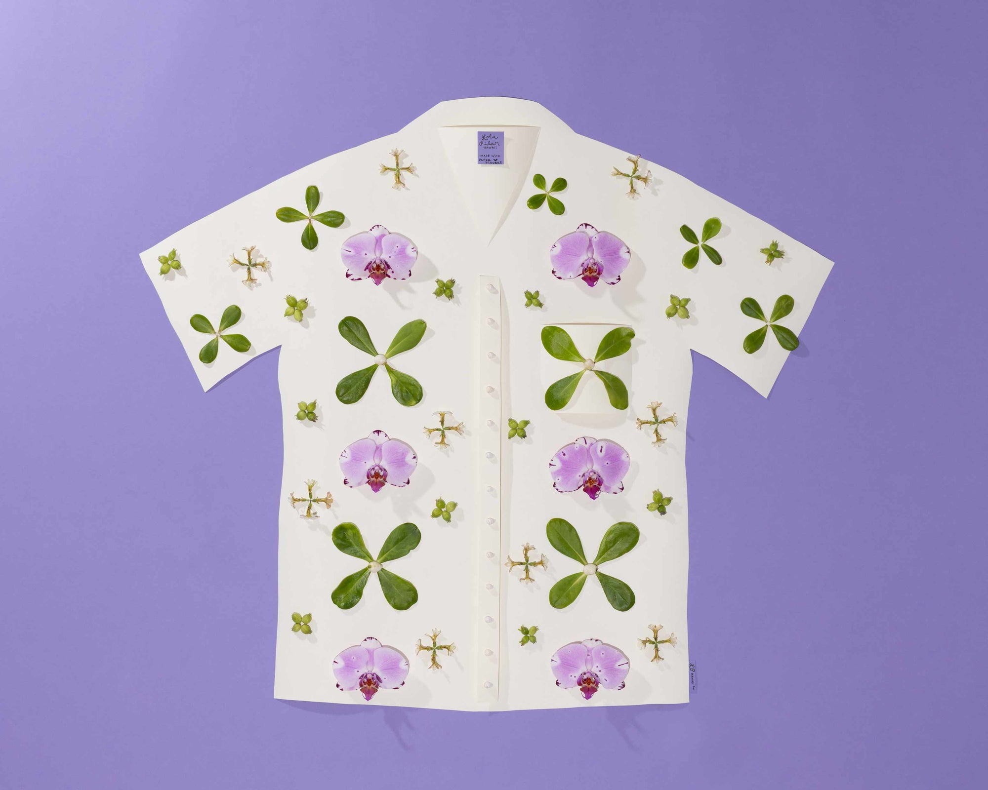 Hawaiian aloha shirt art print with orchids and naupaka flowers on periwinkle background Hawaiian fine art photography print Lola Pilar Hawaii