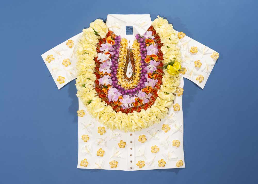 Aloha shirt art print with lei for celebrating graduation, a wedding, retirement, lei day, any accomplishment Honolulu Oahu Hawaii art print Lola Pilar Hawaii