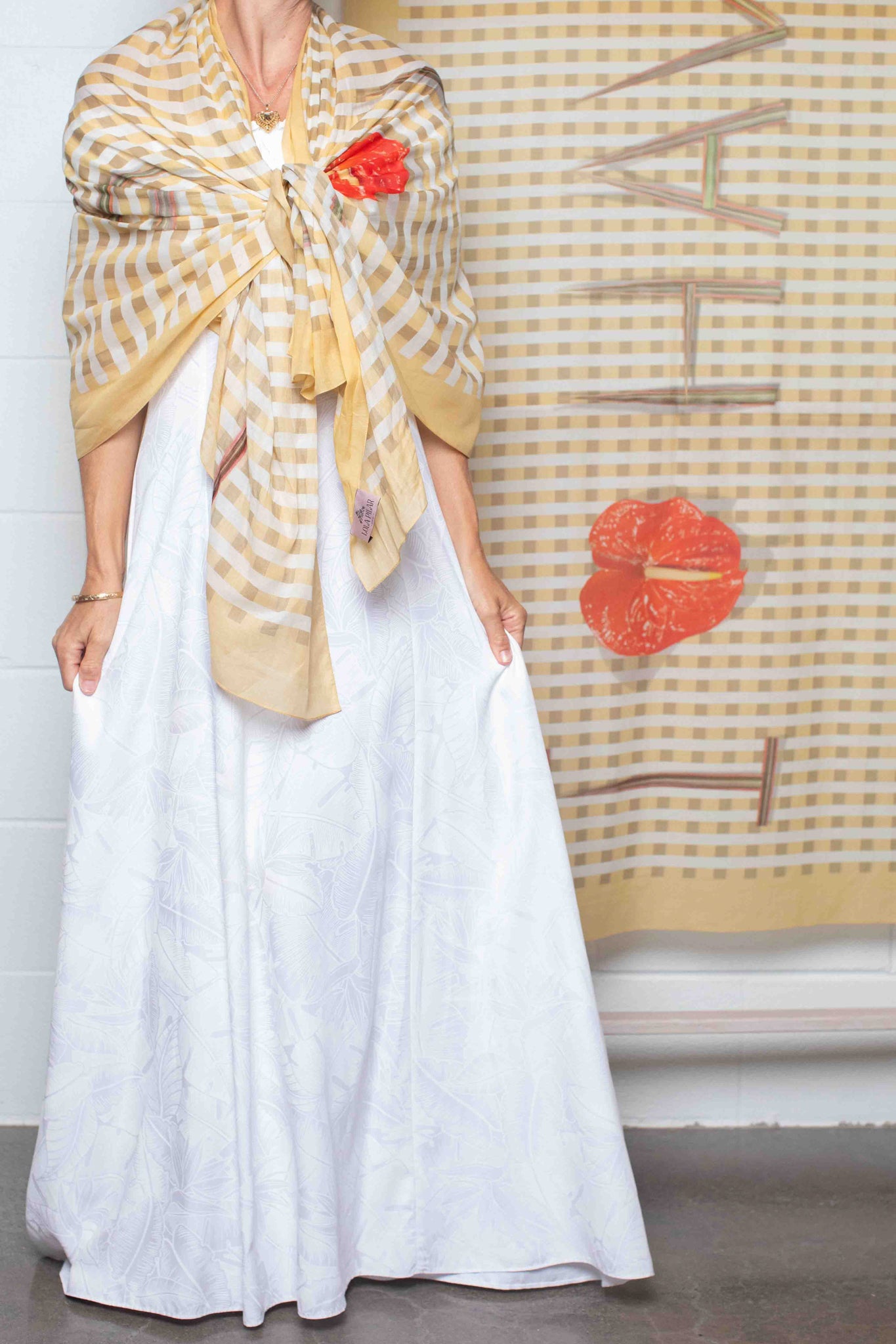 Soft Hawaii shawl featuring a modern yellow and white palaka print with red anthurium artwork and “I Love Hawaii” graphic Lola Pilar