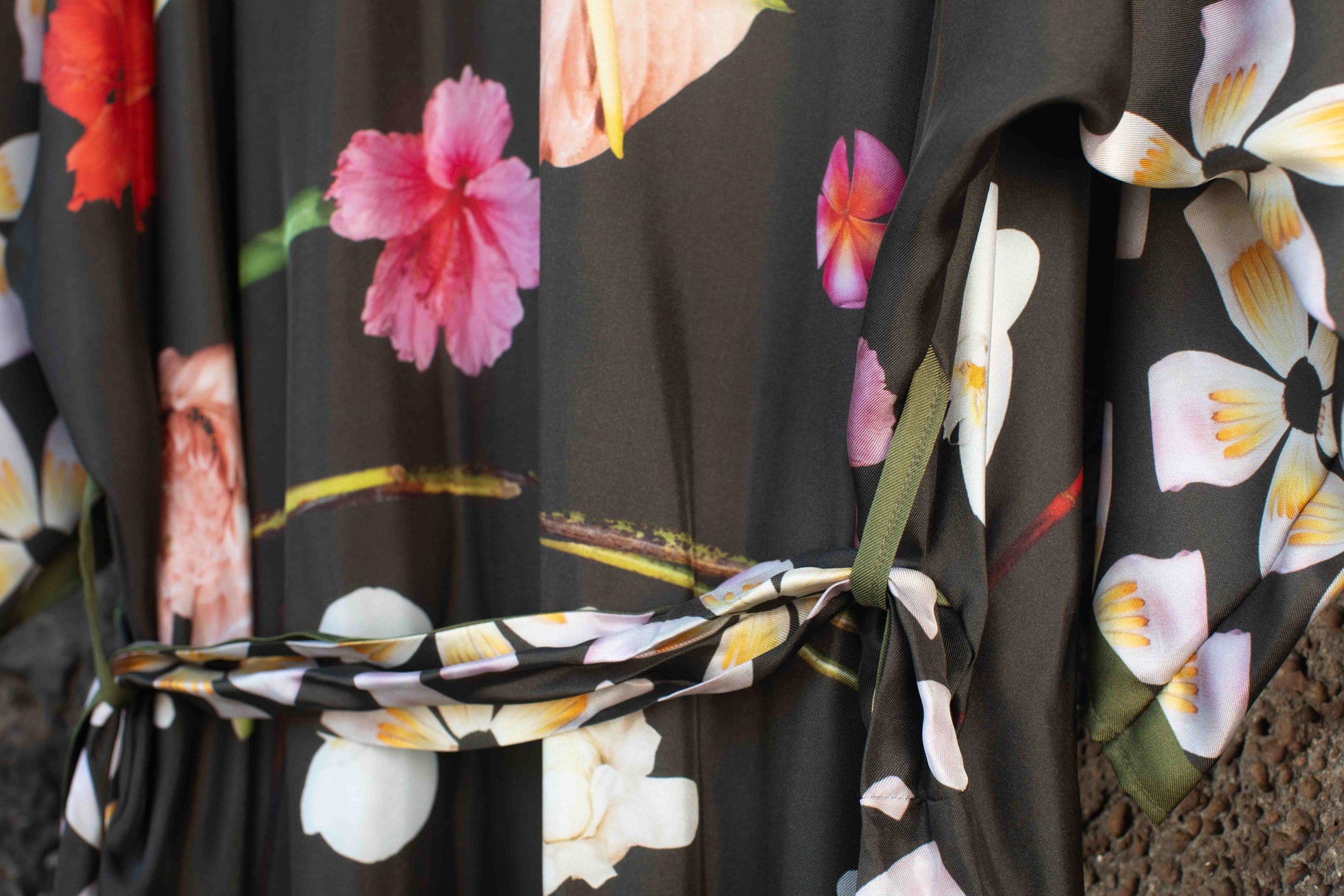 Hawaiian botanical silk kimono robe with rich moss green backdrop and colorful tropical flower print by Lola Pilar.