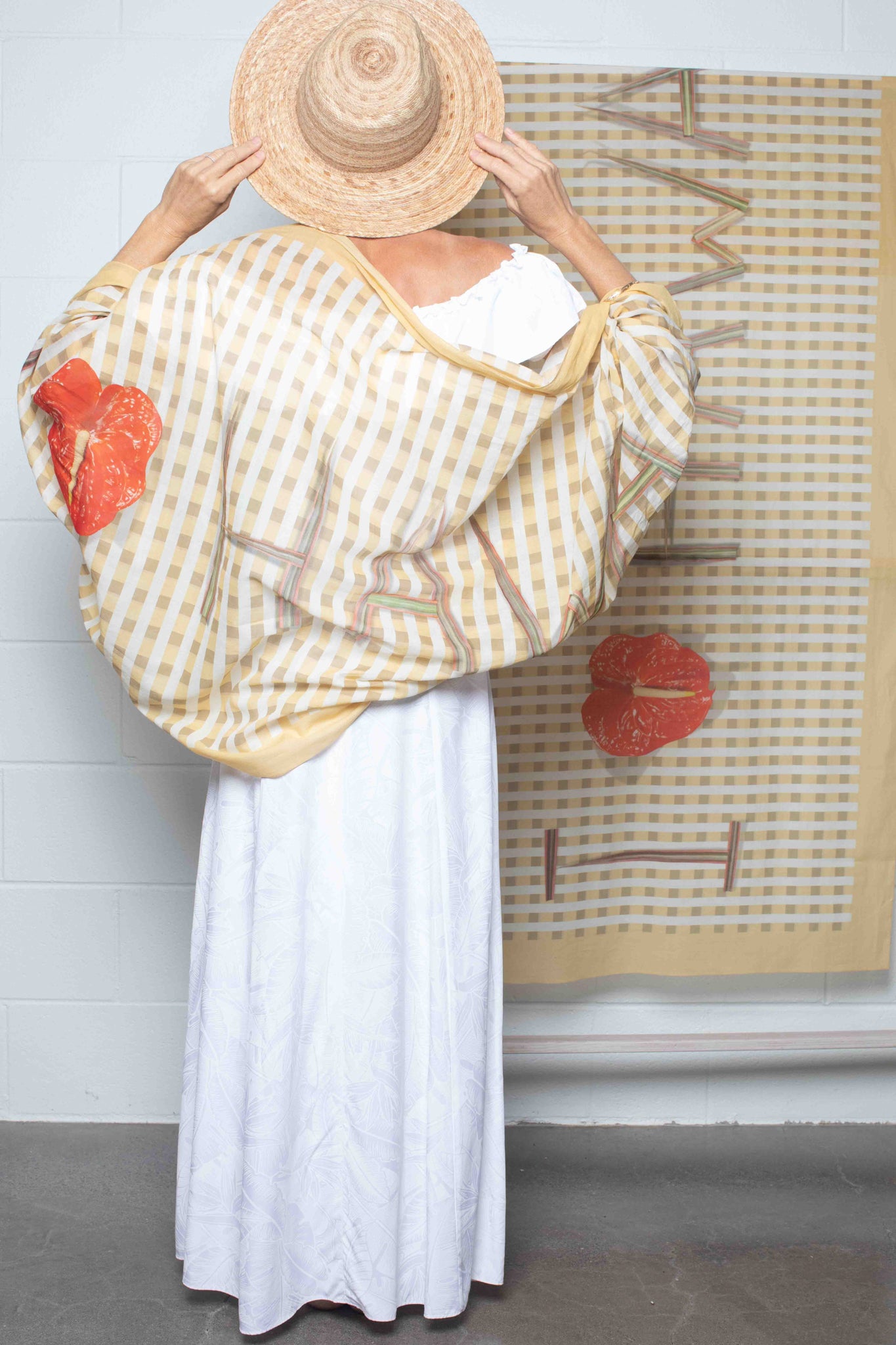 Lightweight travel shawl in a yellow and white palaka-inspired pattern featuring “I Love Hawaii” artwork and red anthurium accent Lola Pilar