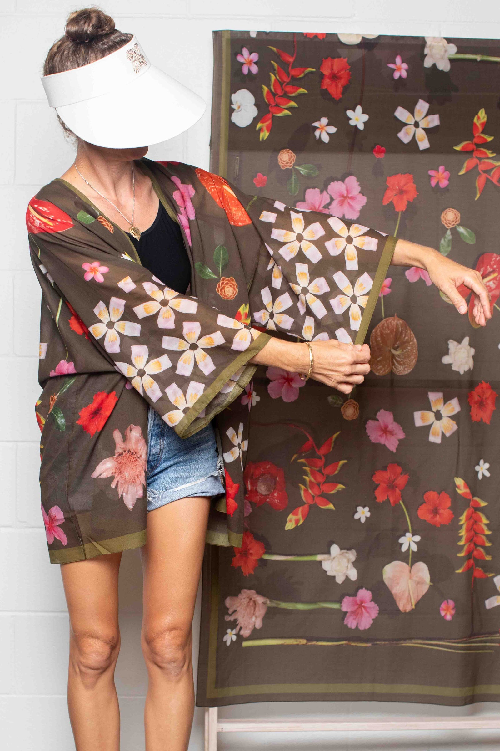 Lola Pilar moss green cotton kimono top with vibrant Hawaiian floral artwork featuring hibiscus, heliconia, torch ginger, and plumeria.