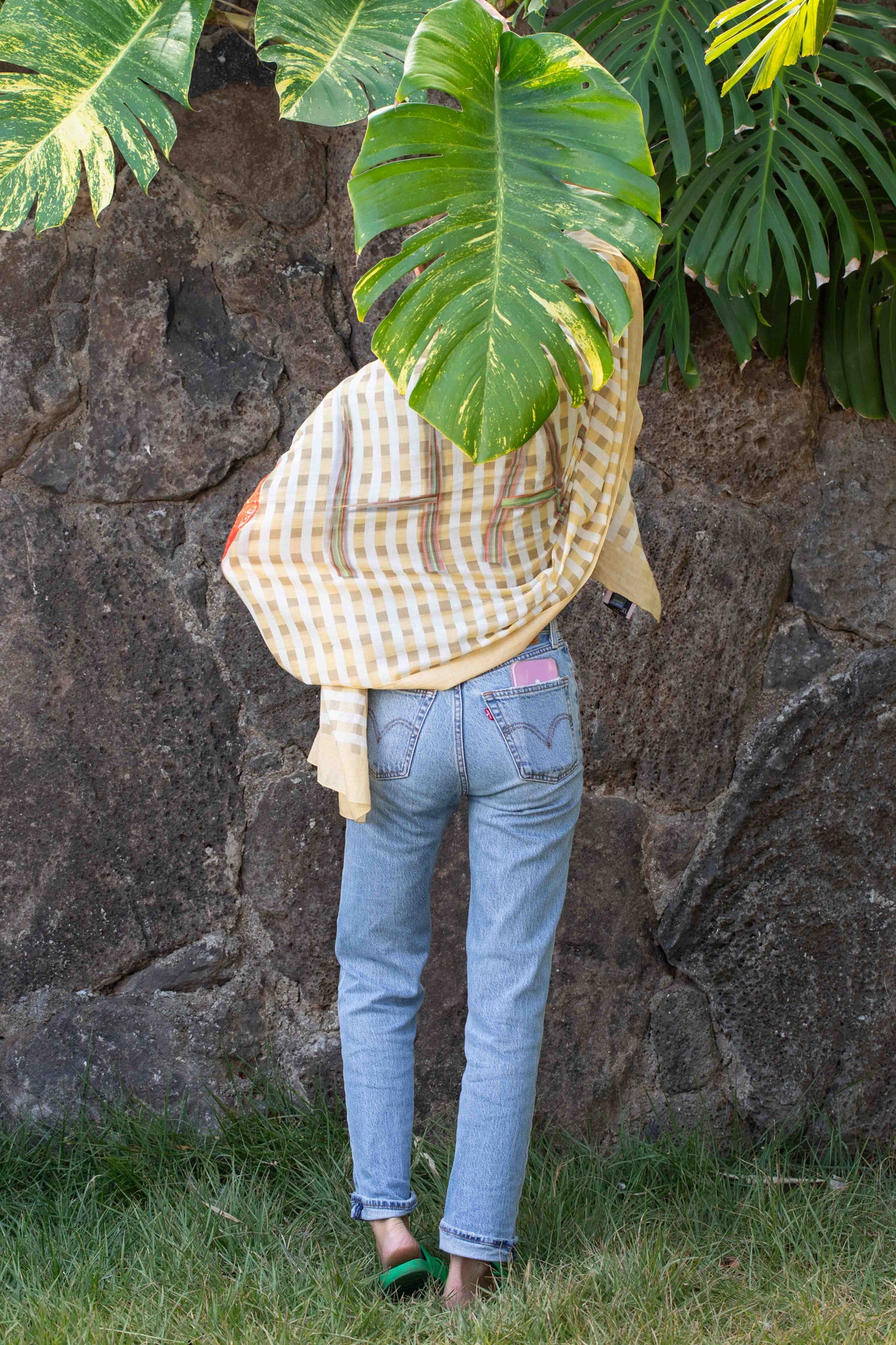 Versatile Hawaii sarong and shawl with yellow and white check pattern, “I Love Hawaii” message, and red anthurium motif Lola Pilar