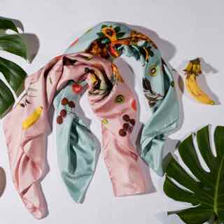 pink and blue silk scarf designed with a photograph