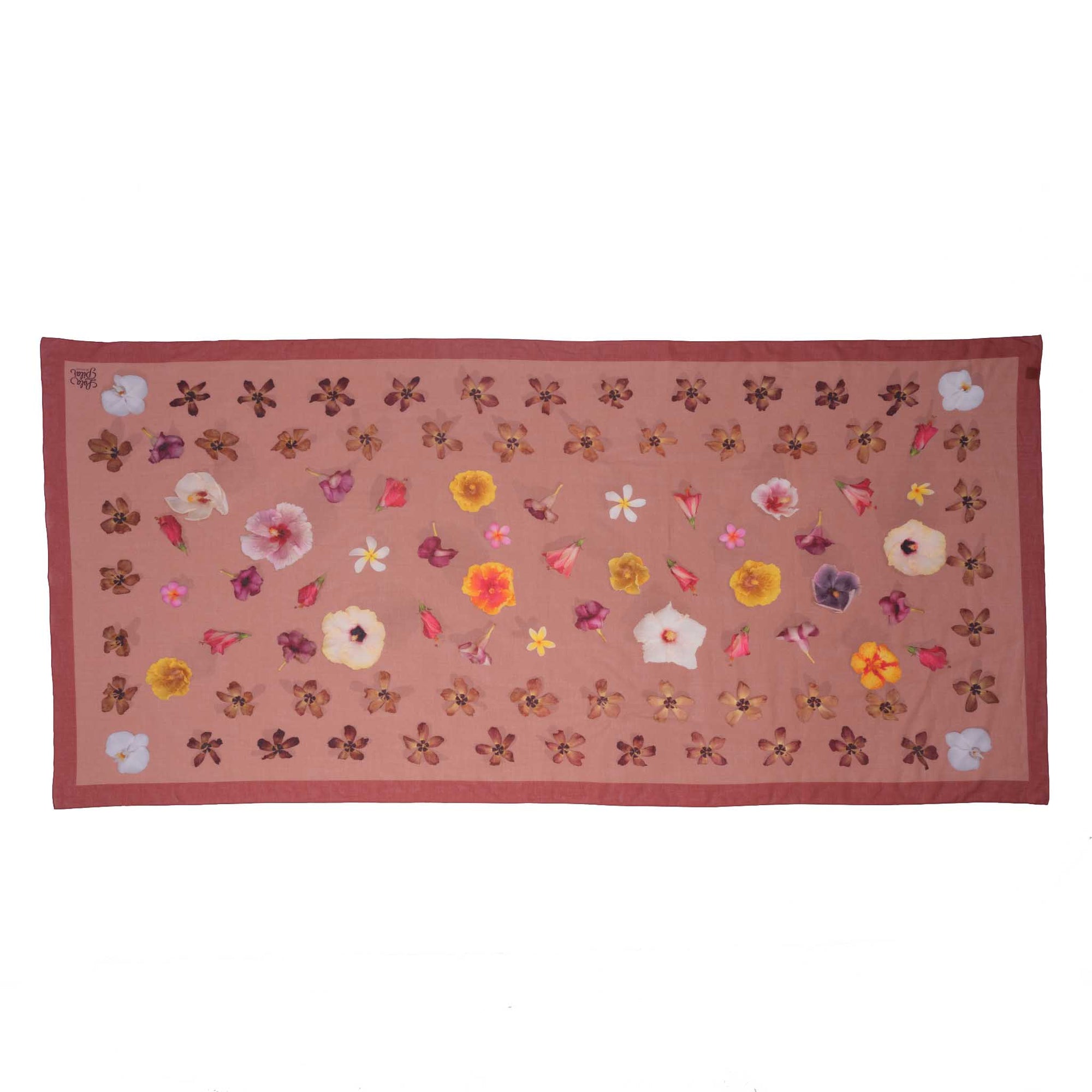 haute couture lola pilar hawaii pareo sarong hau flowers hibiscus plumeria designed in hawaii made in italy 100% cotton wrap shawl scarf beach coverup maroon colorway
