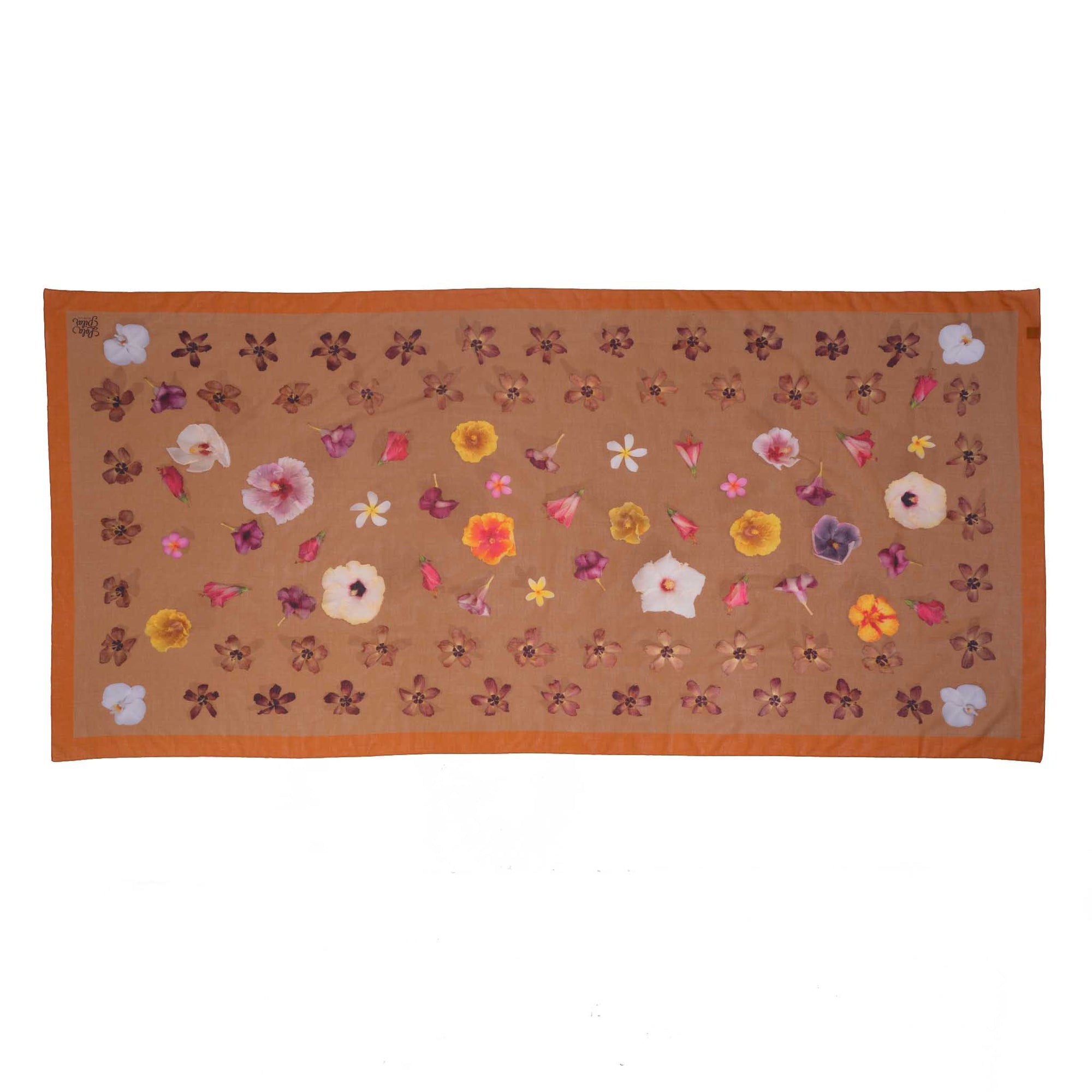 haute couture lola pilar hawaii pareo sarong hau flowers hibiscus plumeria designed in hawaii made in italy 100% cotton wrap shawl scarf beach coverup pumpkin colorway