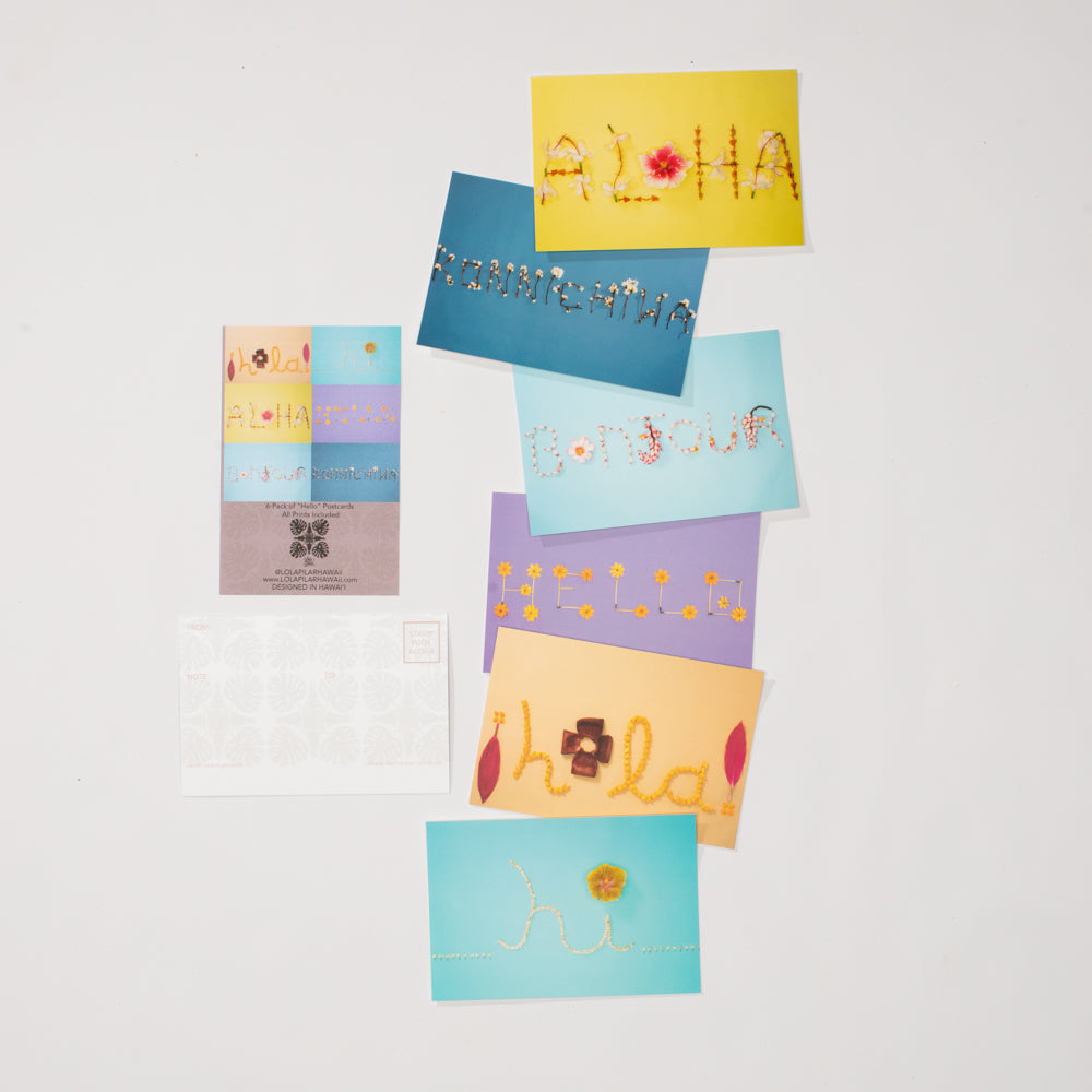 Hello postcards different language postcard 6 pack aloha konichiwa hola hello bonjour hi
