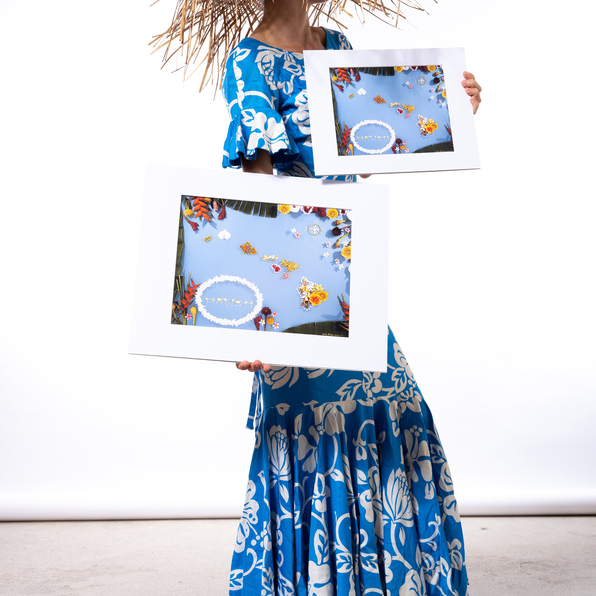 lifestyle image of hawaiian dress, mumu dress, muumuu, flower map, hawaii map