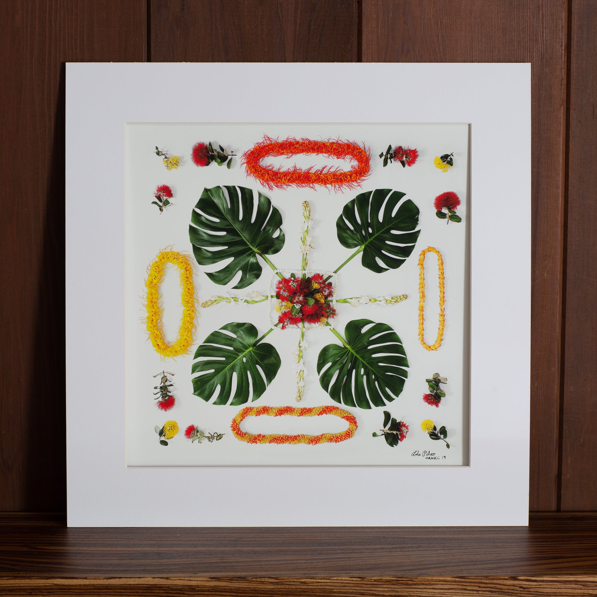 ohia lehua tuberose monstera and lei photograph 16x16 print