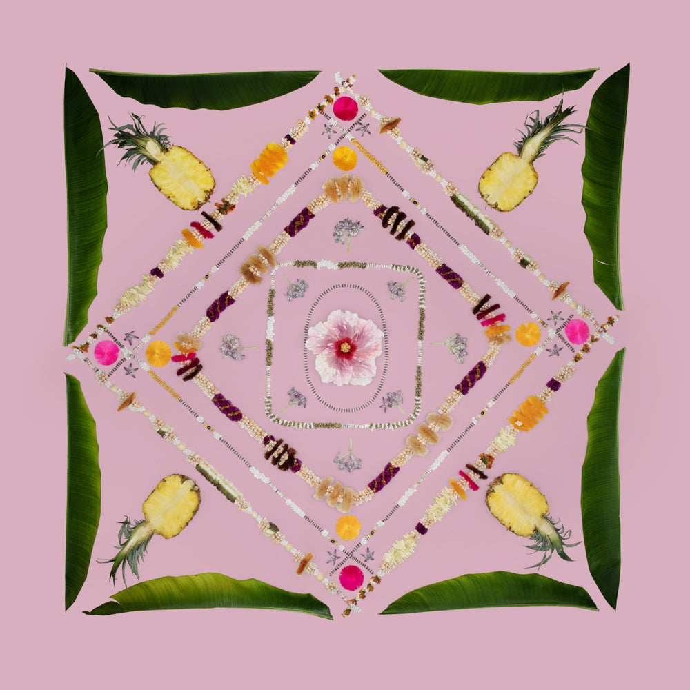 live a lei life leis with pineapple heliconia leaves crown flower and hibiscus on a purple background