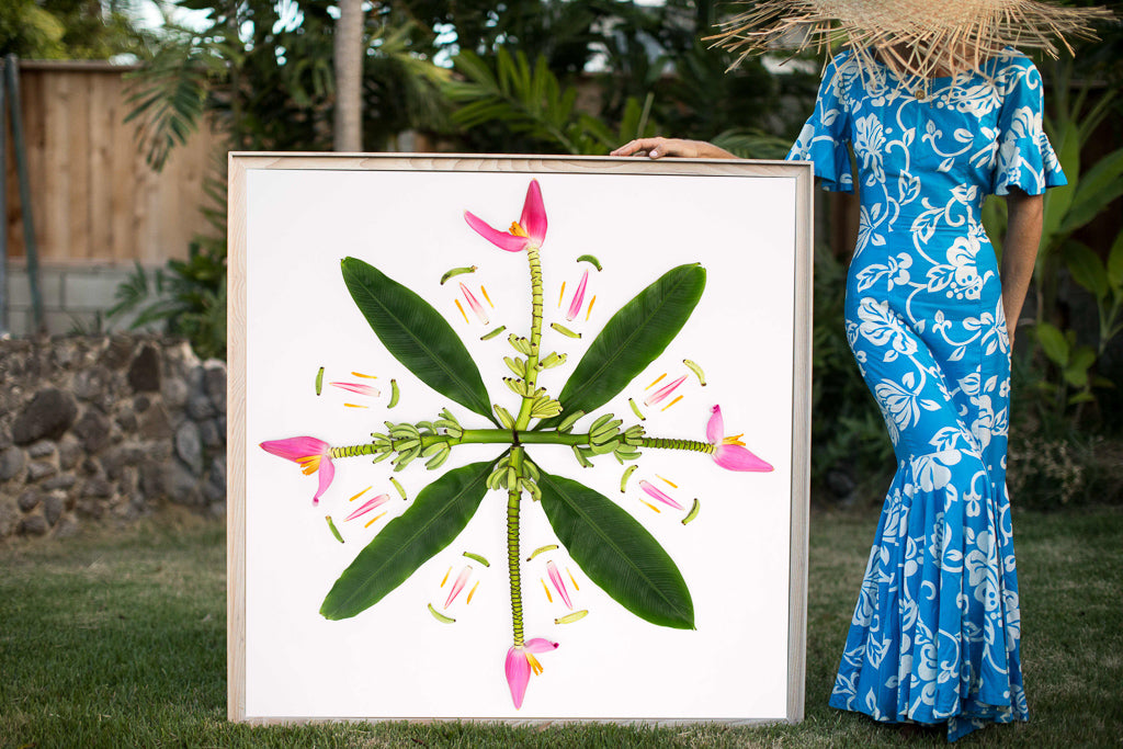 Woman in a hawaiian mumu holding a large 4ftx4ft musa ornata banana plan photographic art inspired by the hawaiian quilt