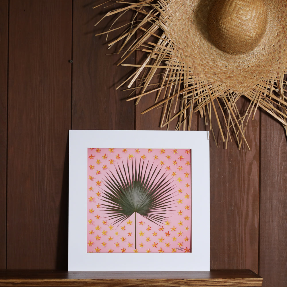 16x16 plumeria and fan palm photograph made and designed in hawaii