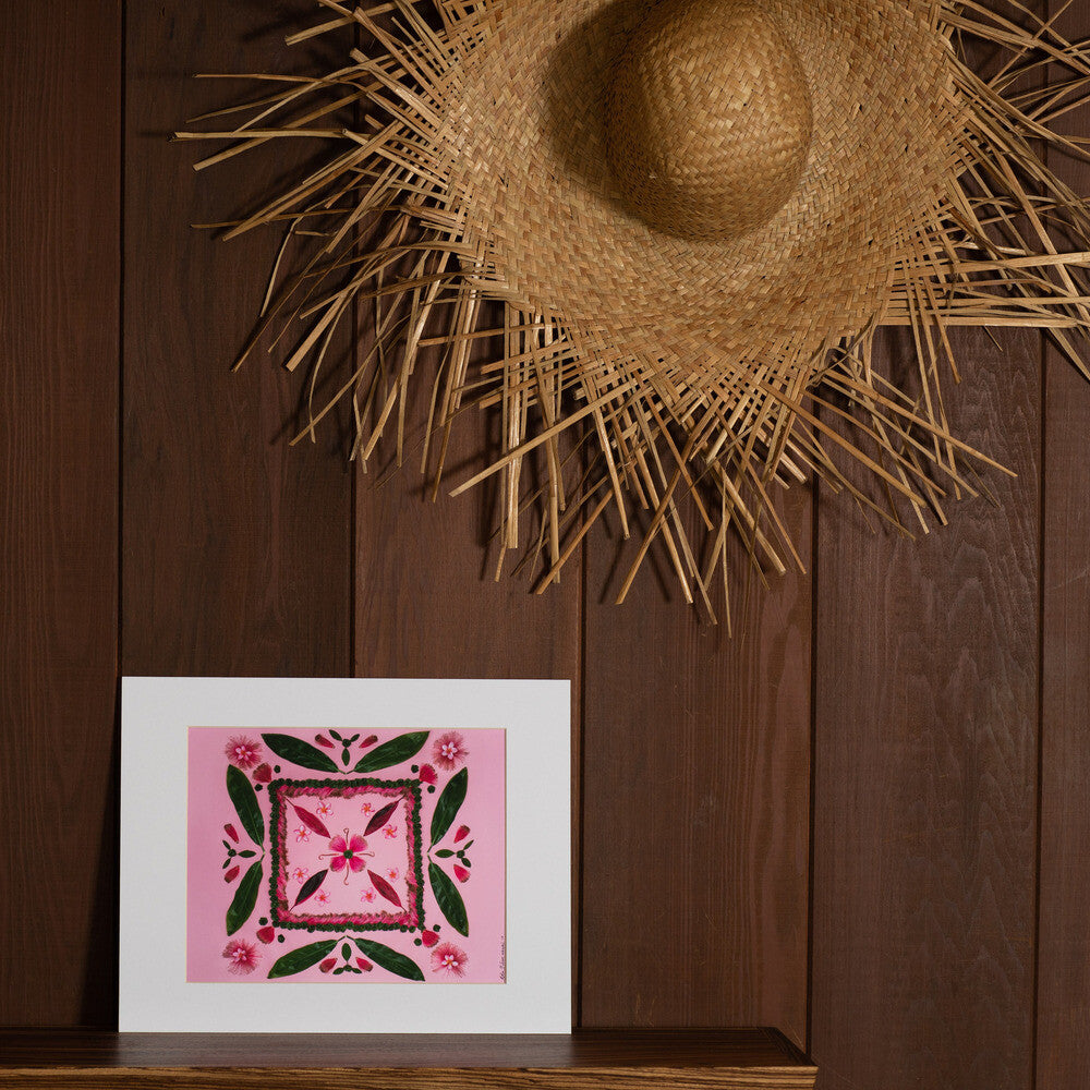 11x14 pink image with pink flowers and green leaves plumeria ti leaf bombax